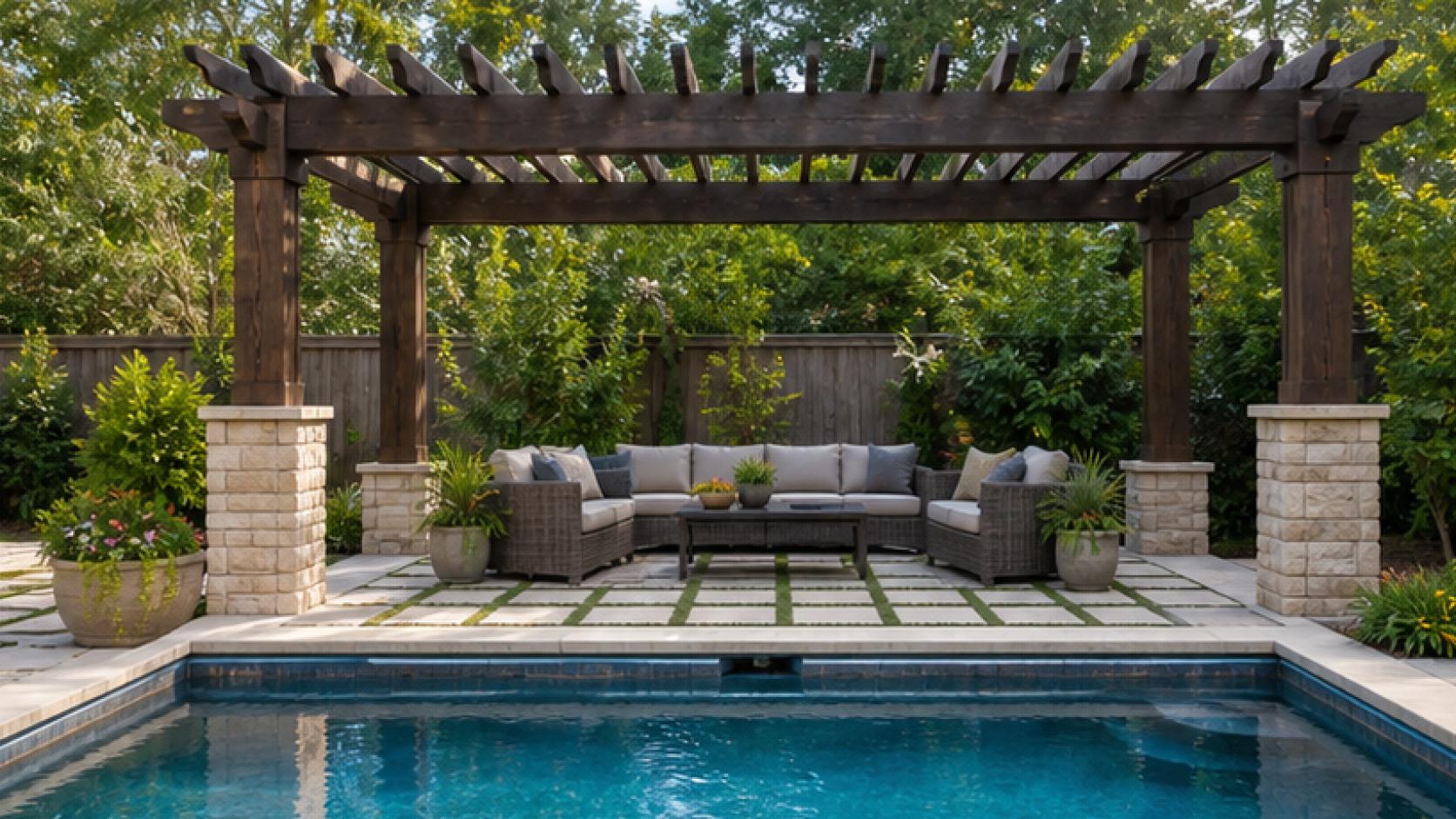 AI Pool Design with a pergola accent