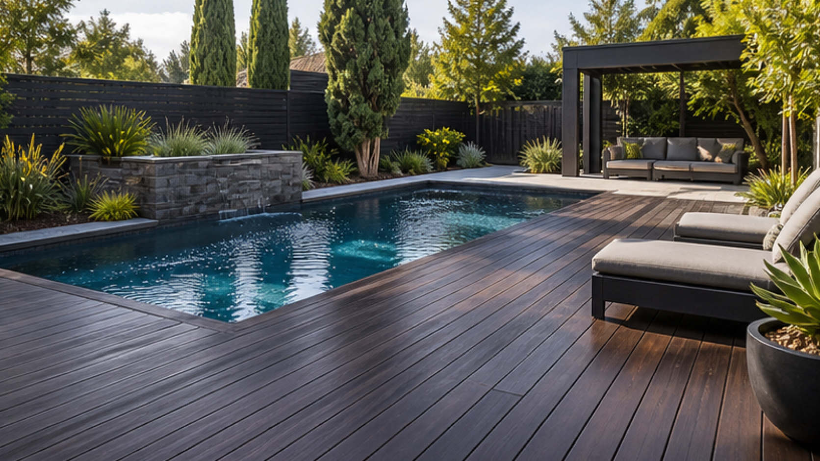 AI Pool Design with a dark wood deck look