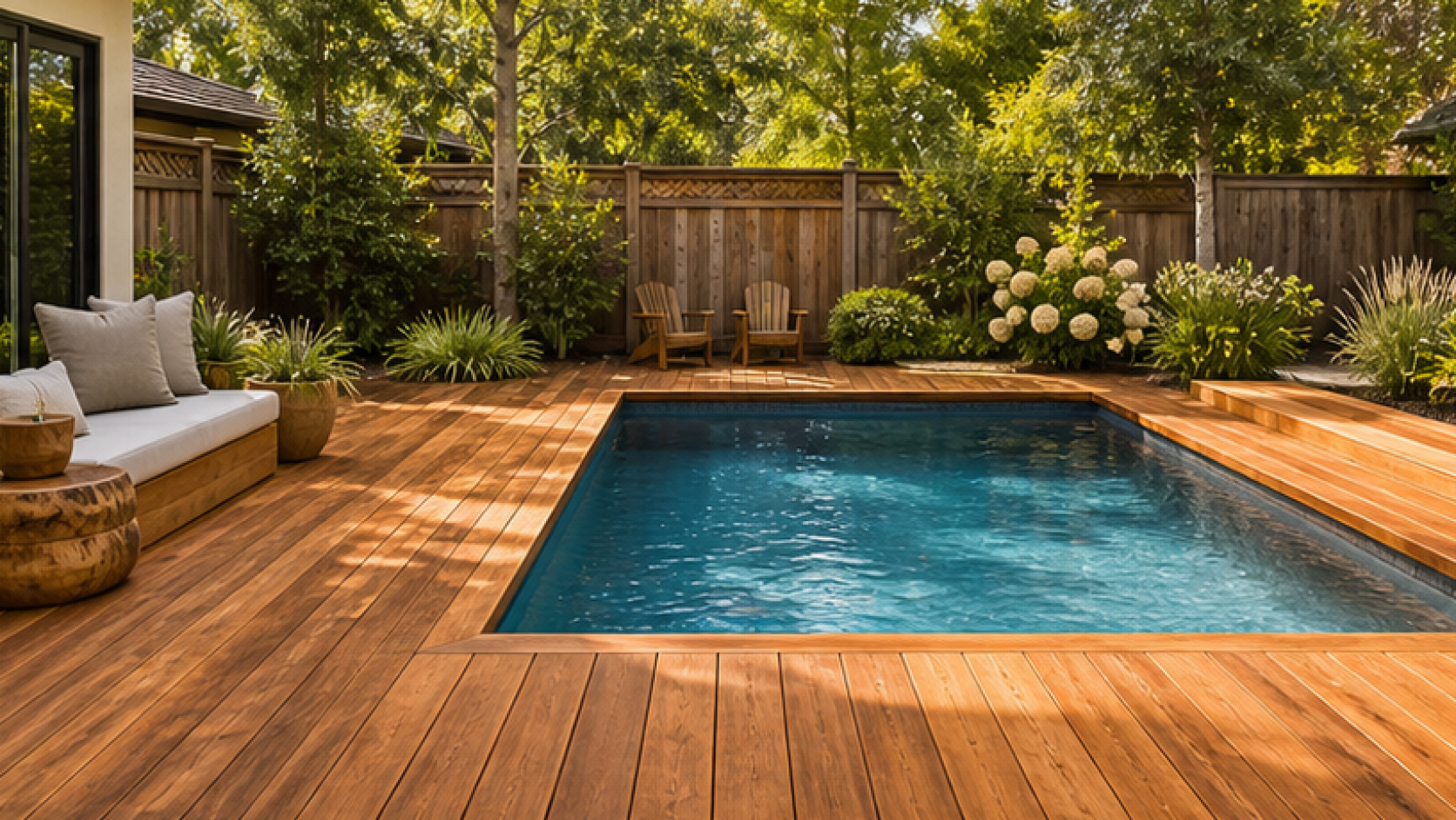 AI Pool Design with a natural wood deck look