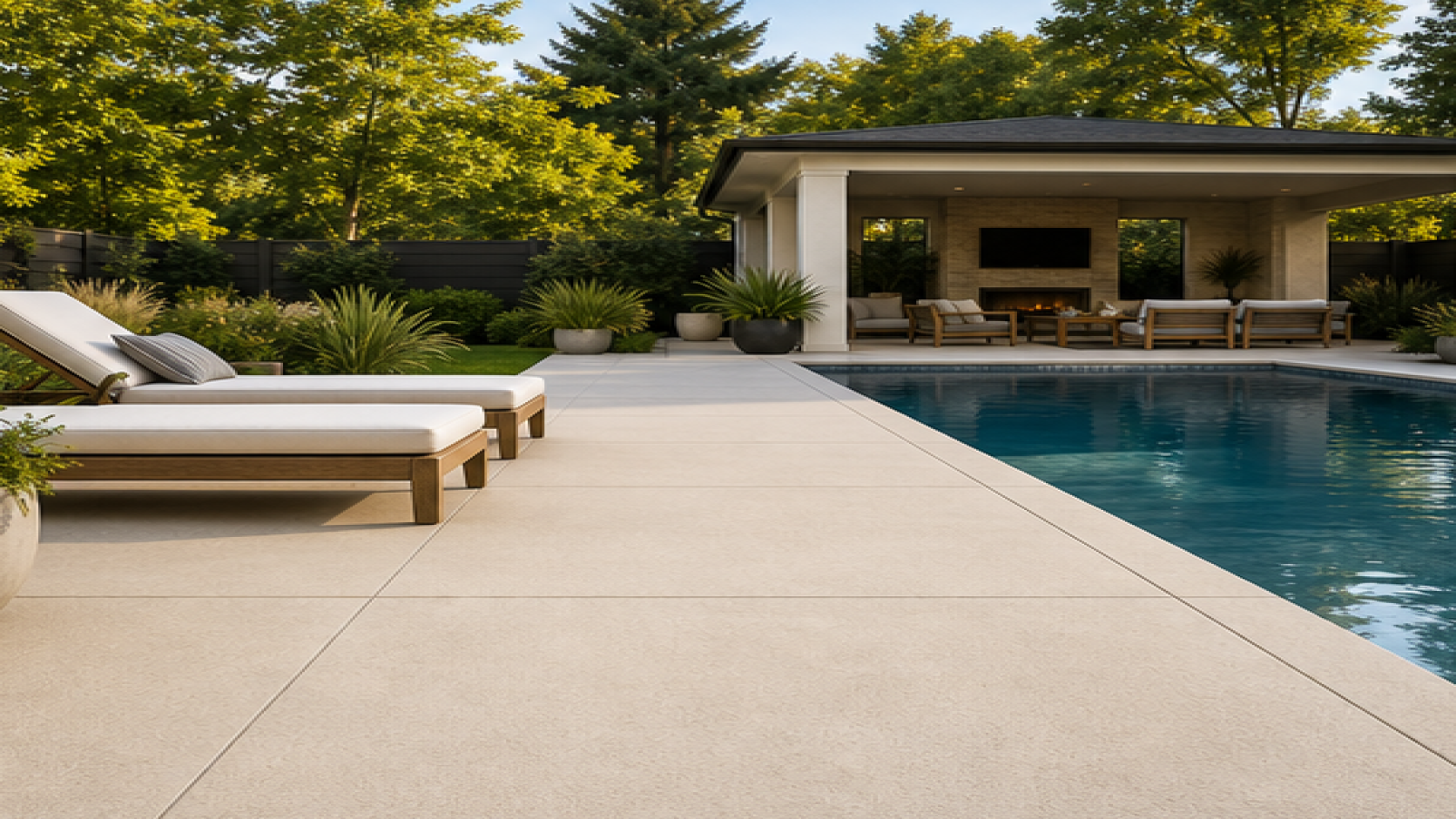 Backyard Pool Ideas with a natural concrete deck look