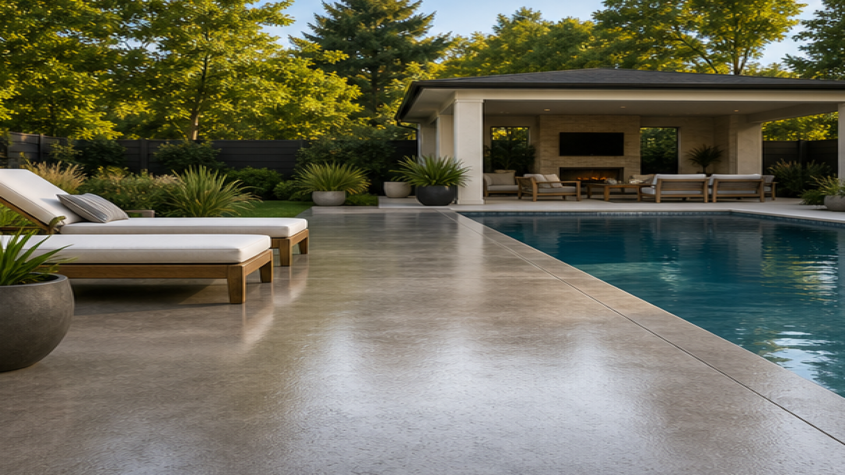 Backyard Pool Ideas with a treated concrete deck look