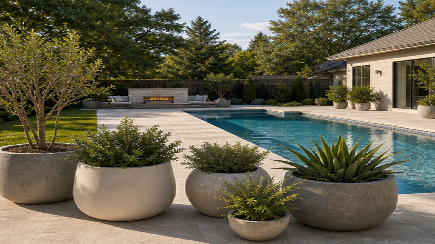 Backyard Pool Ideas with poolside planters