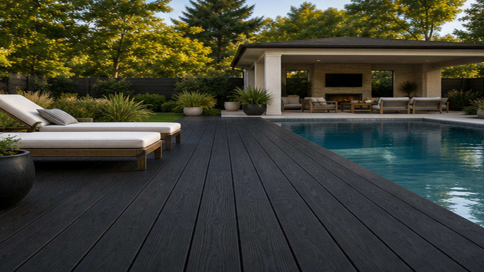 Backyard Pool Ideas with a dark wood deck look
