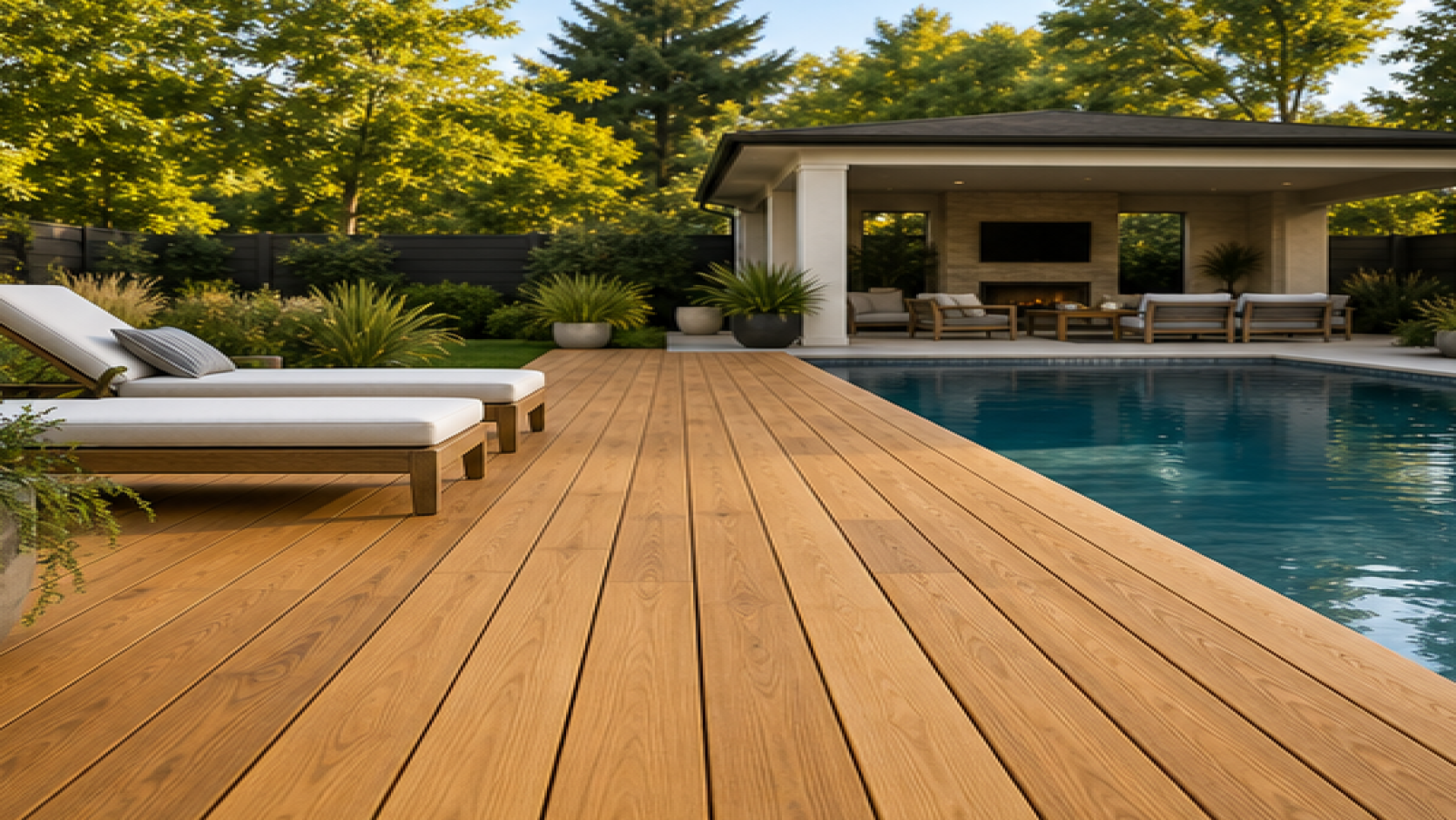 Backyard Pool Ideas with a natural wood deck look