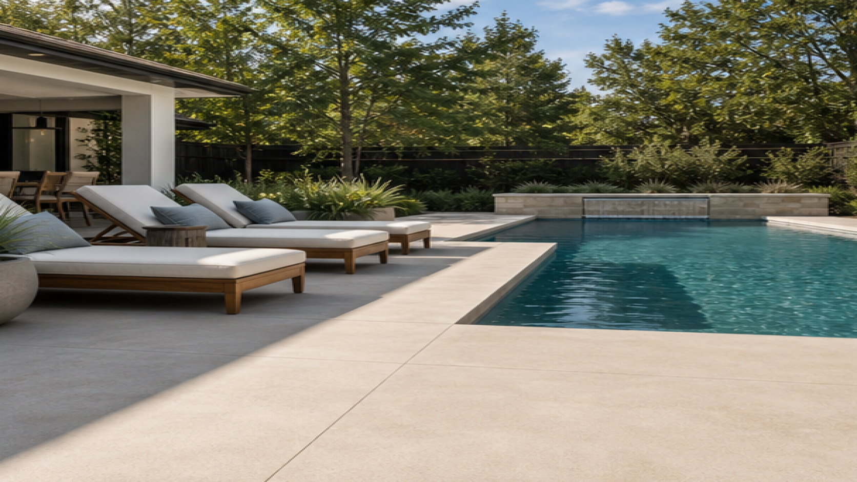 Backyard Pool Ideas with a natural concrete deck look