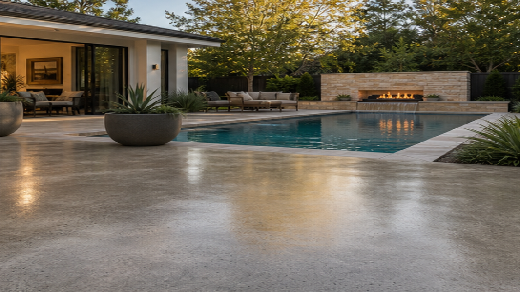 Backyard Pool Ideas with a treated concrete deck look