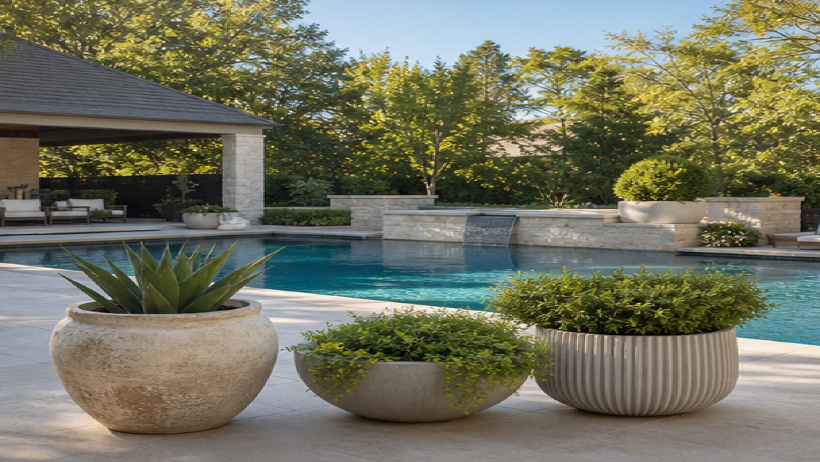 Backyard Pool Ideas with poolside planters