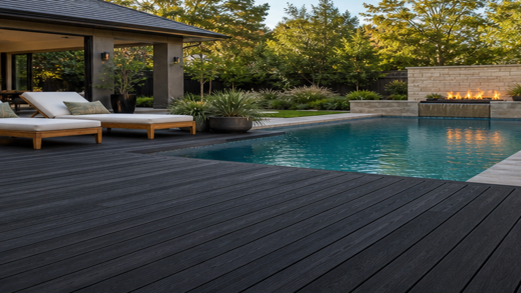 Backyard Pool Ideas with a dark wood deck look