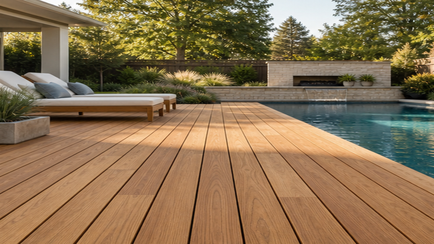 Backyard Pool Ideas with a natural wood deck look