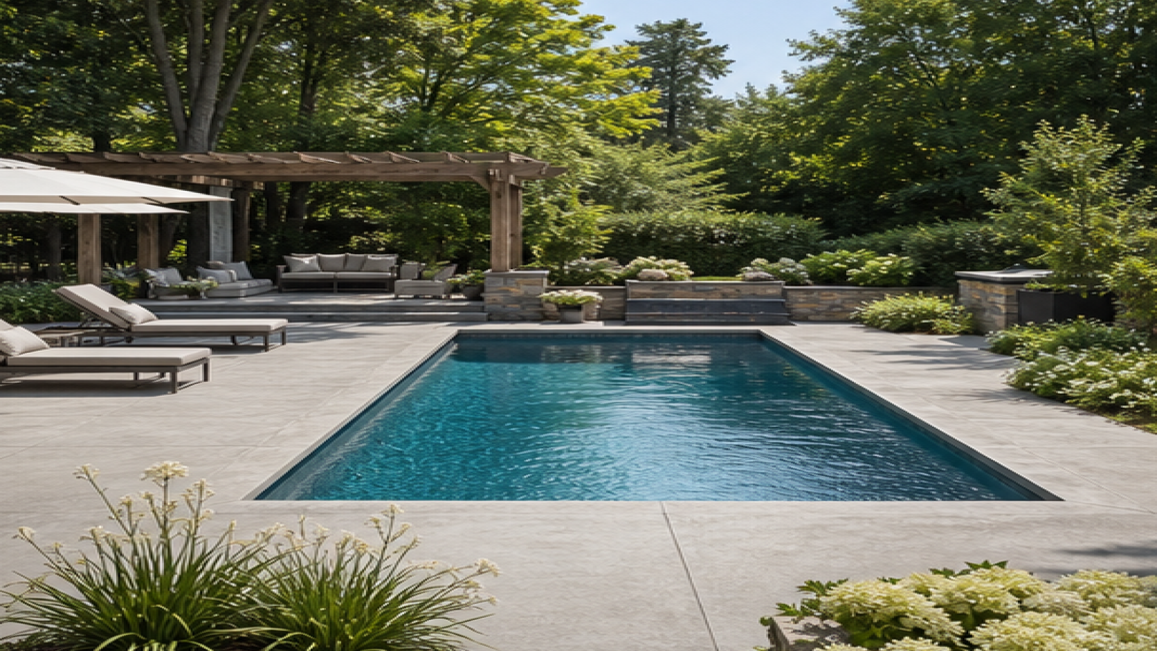 Inground Pool Ideas with a natural concrete deck look