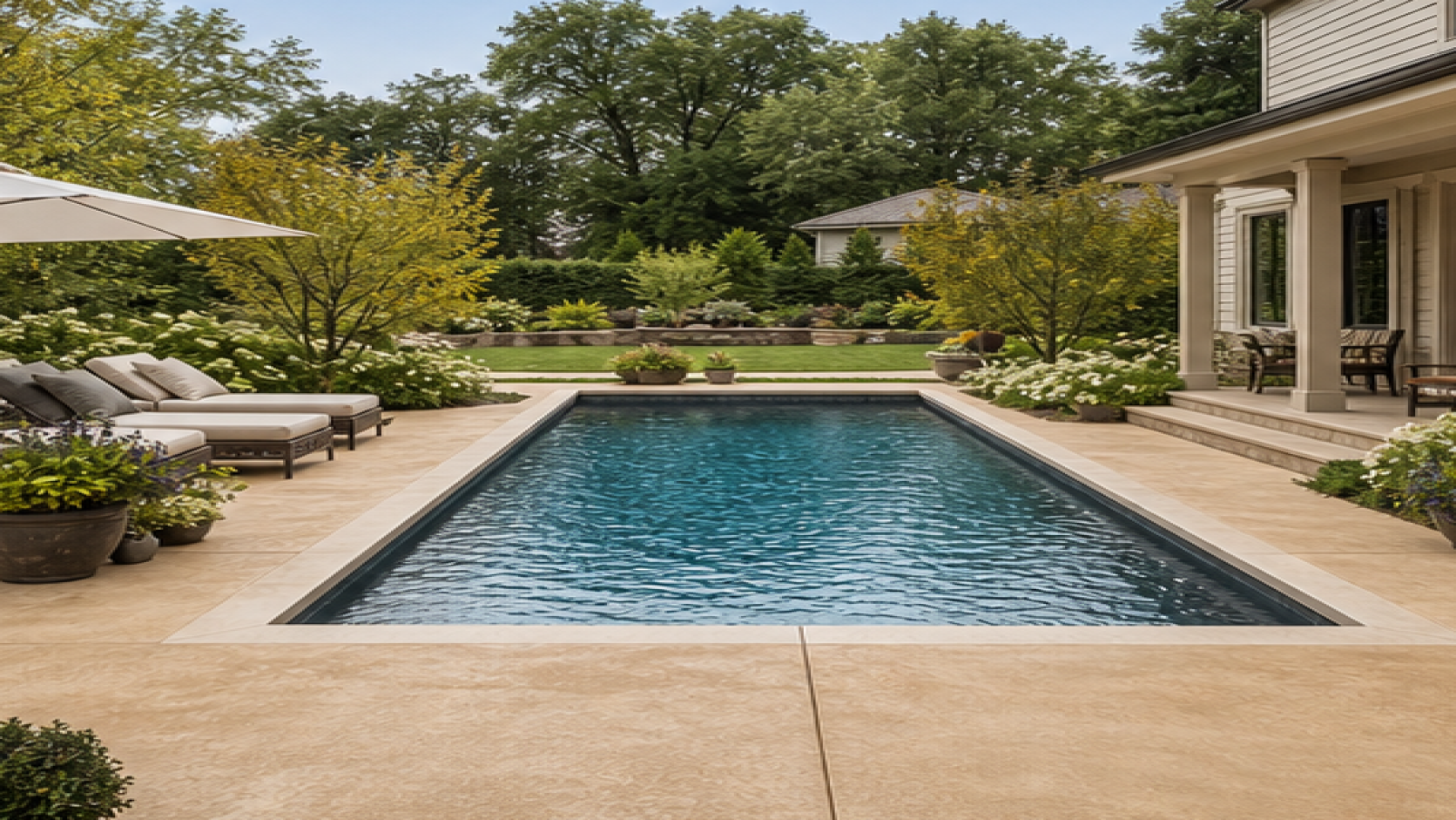 Inground Pool Ideas with a treated concrete deck look