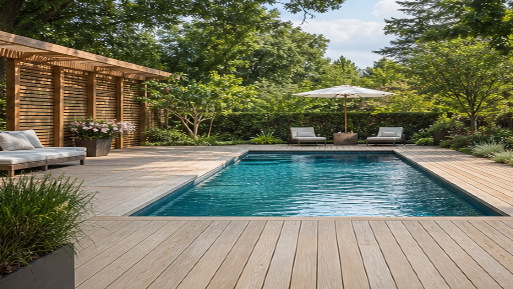 Inground Pool Ideas with a natural wood deck look