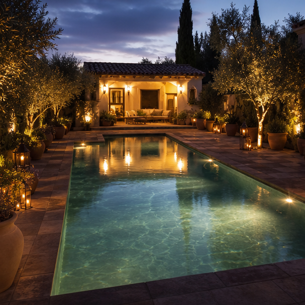 Mediterranean Pool Ideas soft evening glow