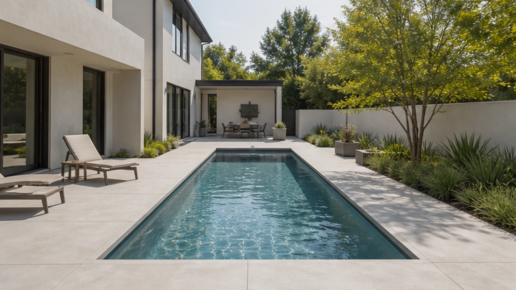 Modern Pool Ideas with a natural concrete deck look