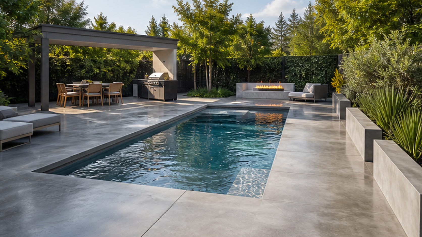 Modern Pool Ideas with a treated concrete deck look