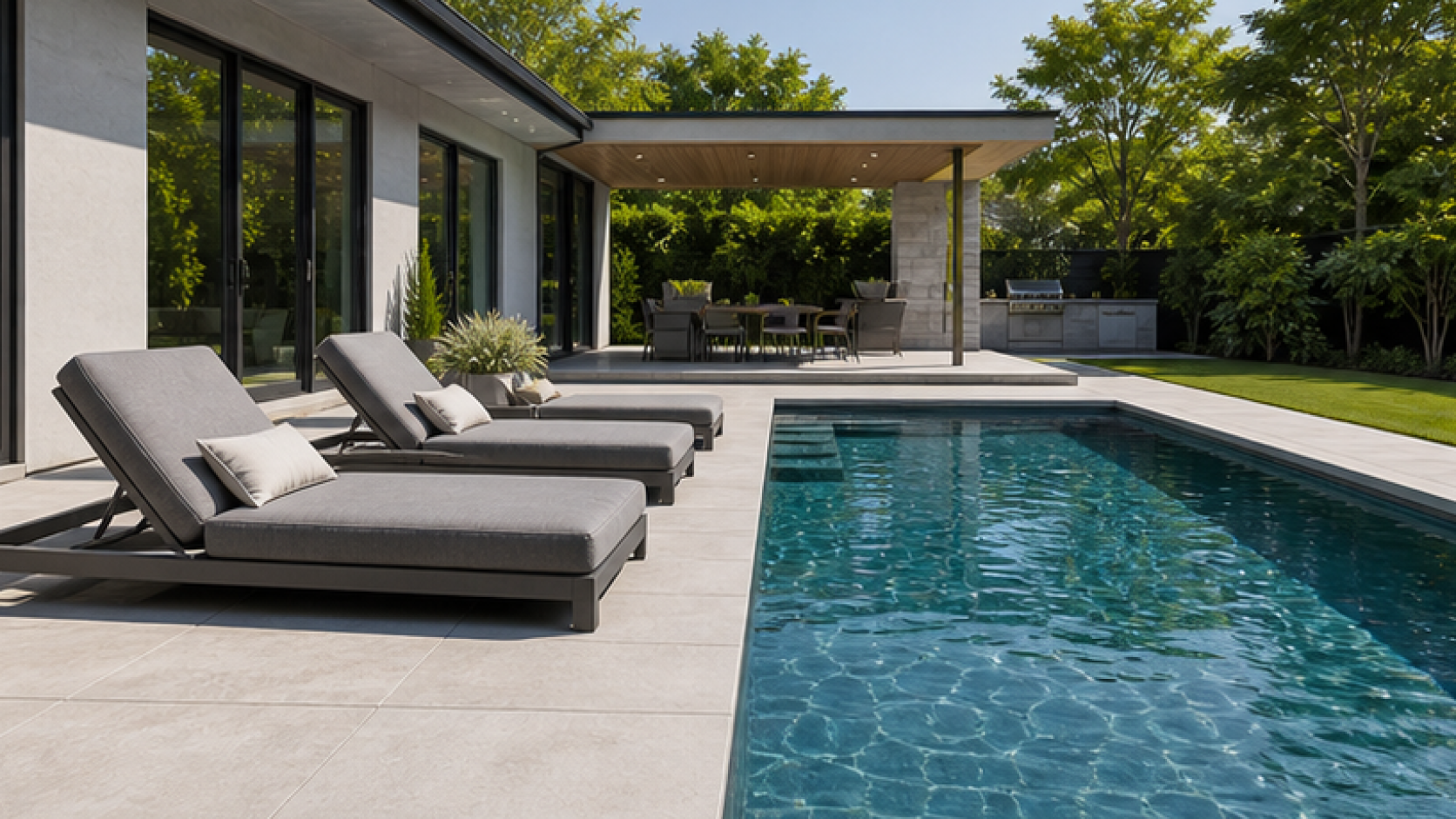 Modern Pool Ideas with lounge chairs