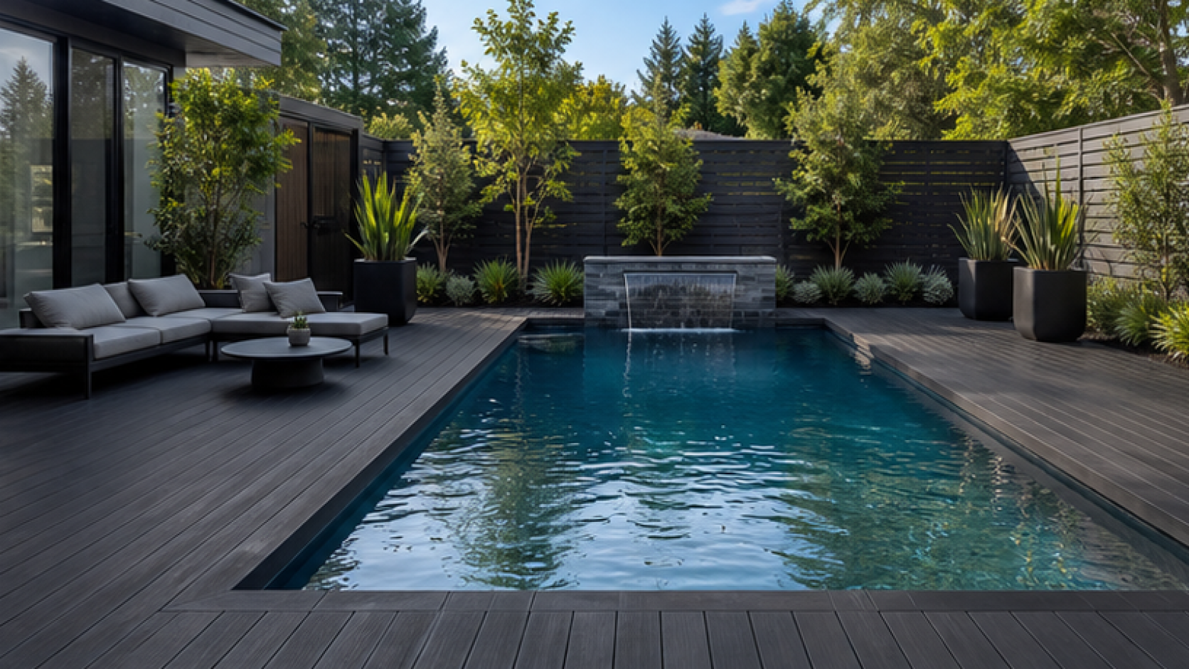 Modern Pool Ideas with a dark wood deck look