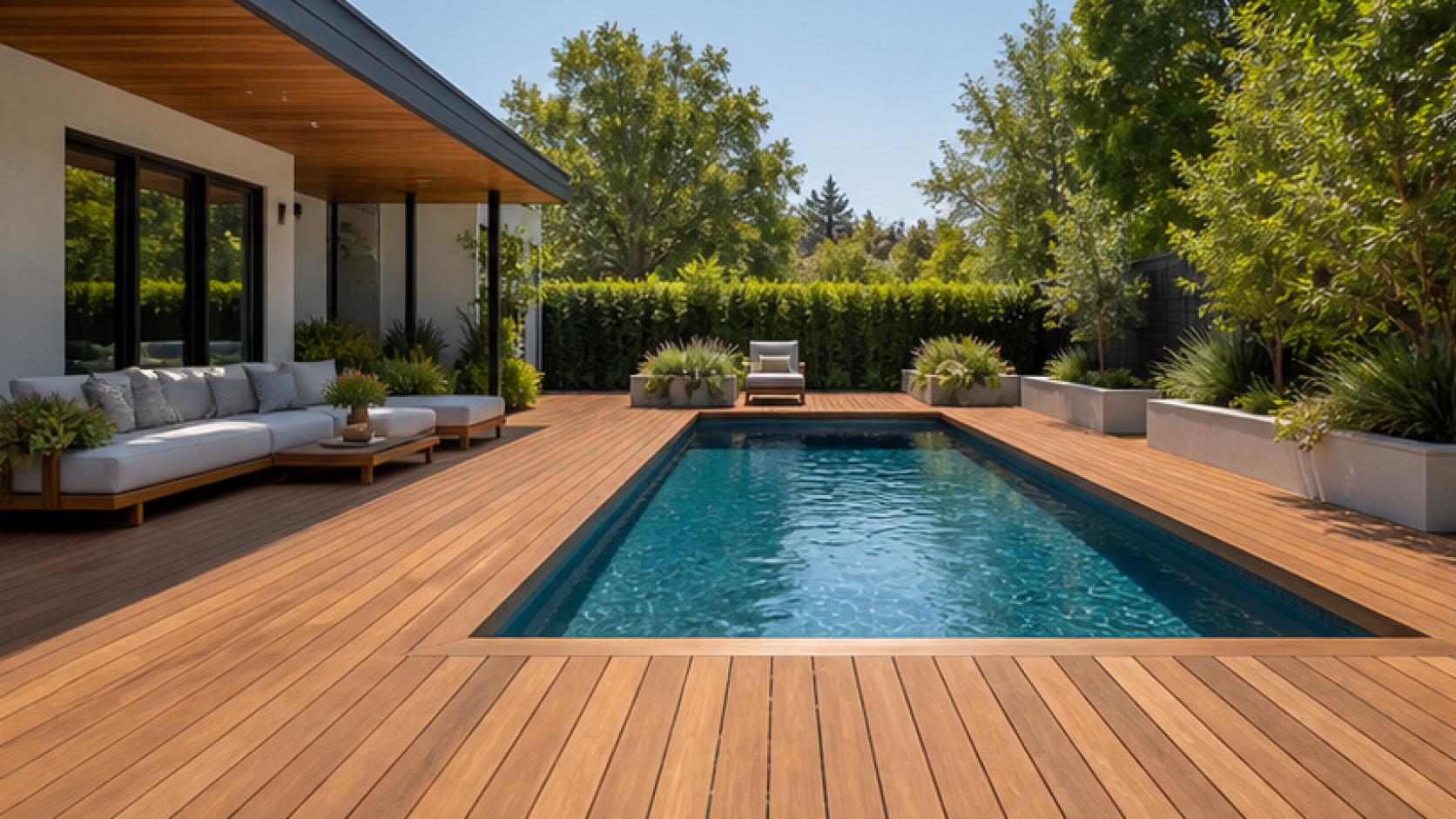 Modern Pool Ideas with a natural wood deck look