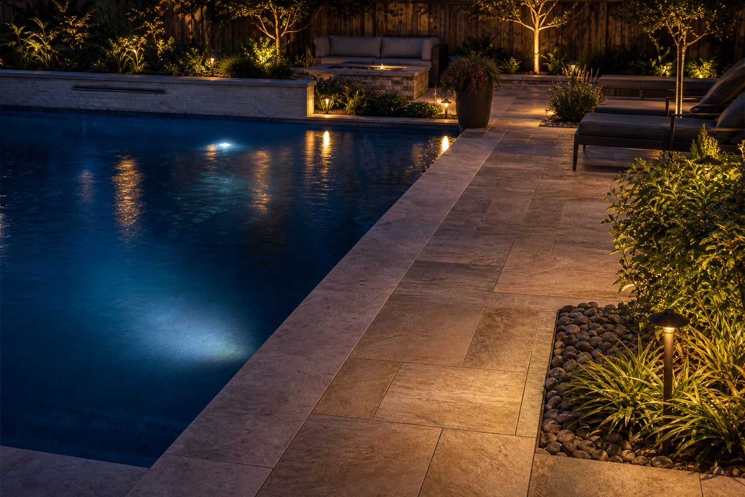 Night Pool Ideas materials and planting
