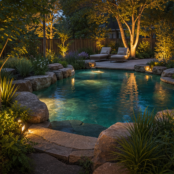 Organic Pool Landscape Ideas soft evening glow