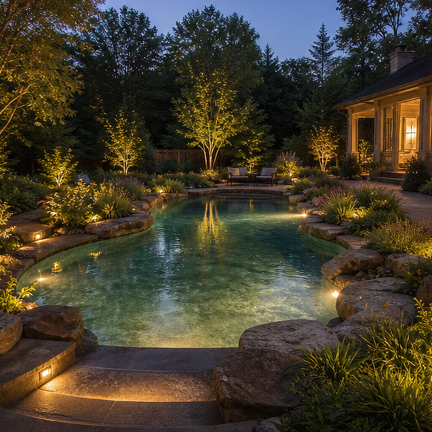 Organic Pool Landscape Ideas evening light