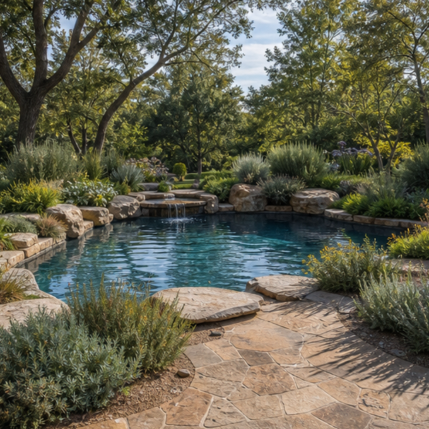 Organic Pool Landscape Ideas wide view