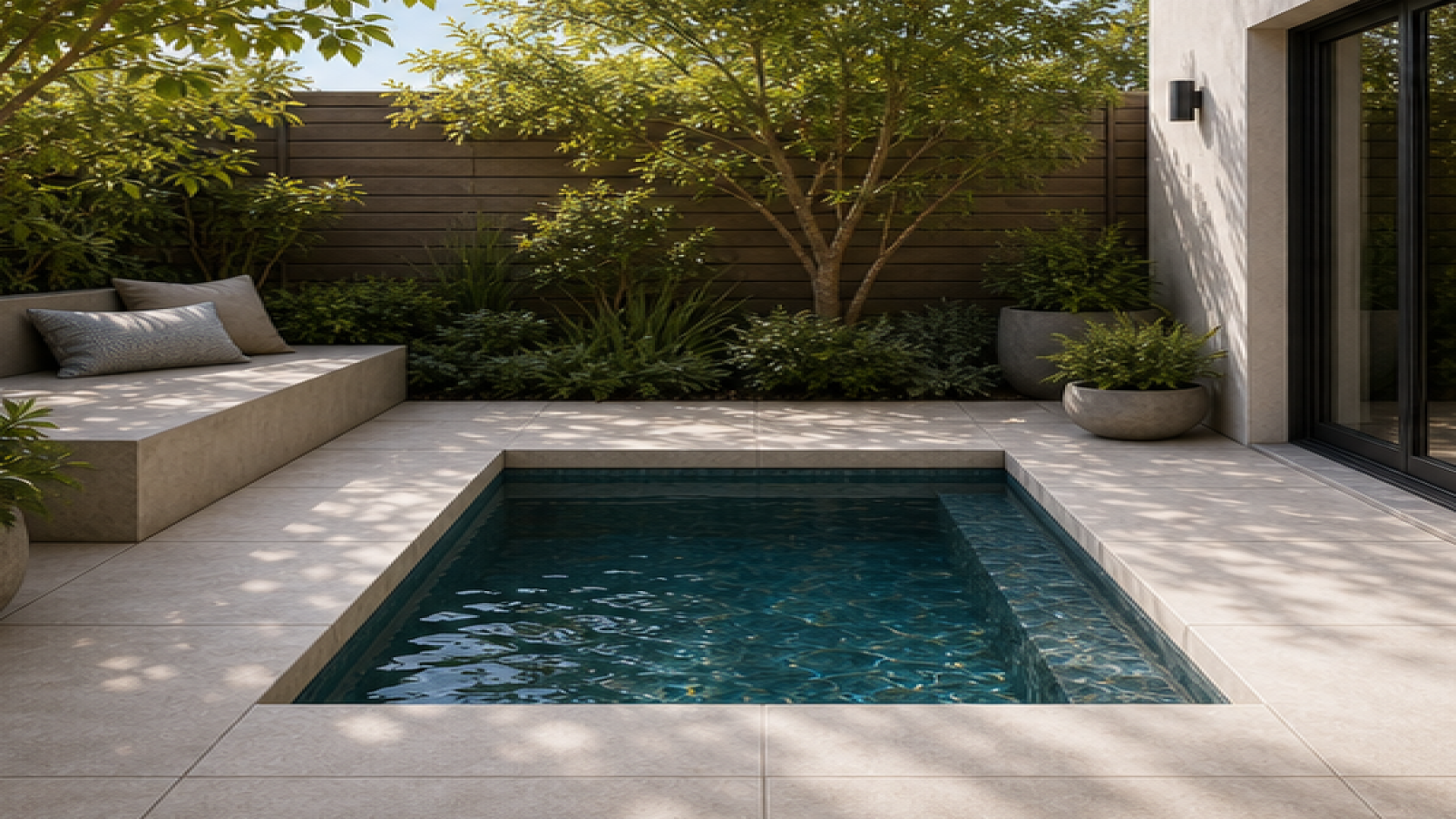 Plunge Pool Ideas with a natural concrete deck look