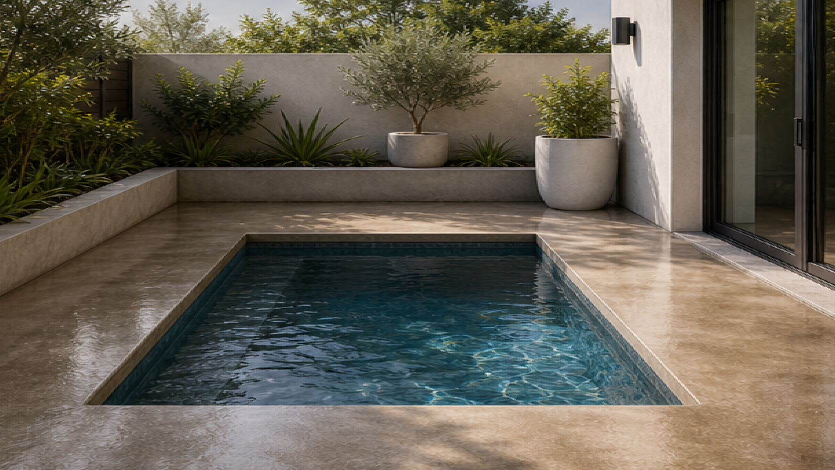 Plunge Pool Ideas with a treated concrete deck look