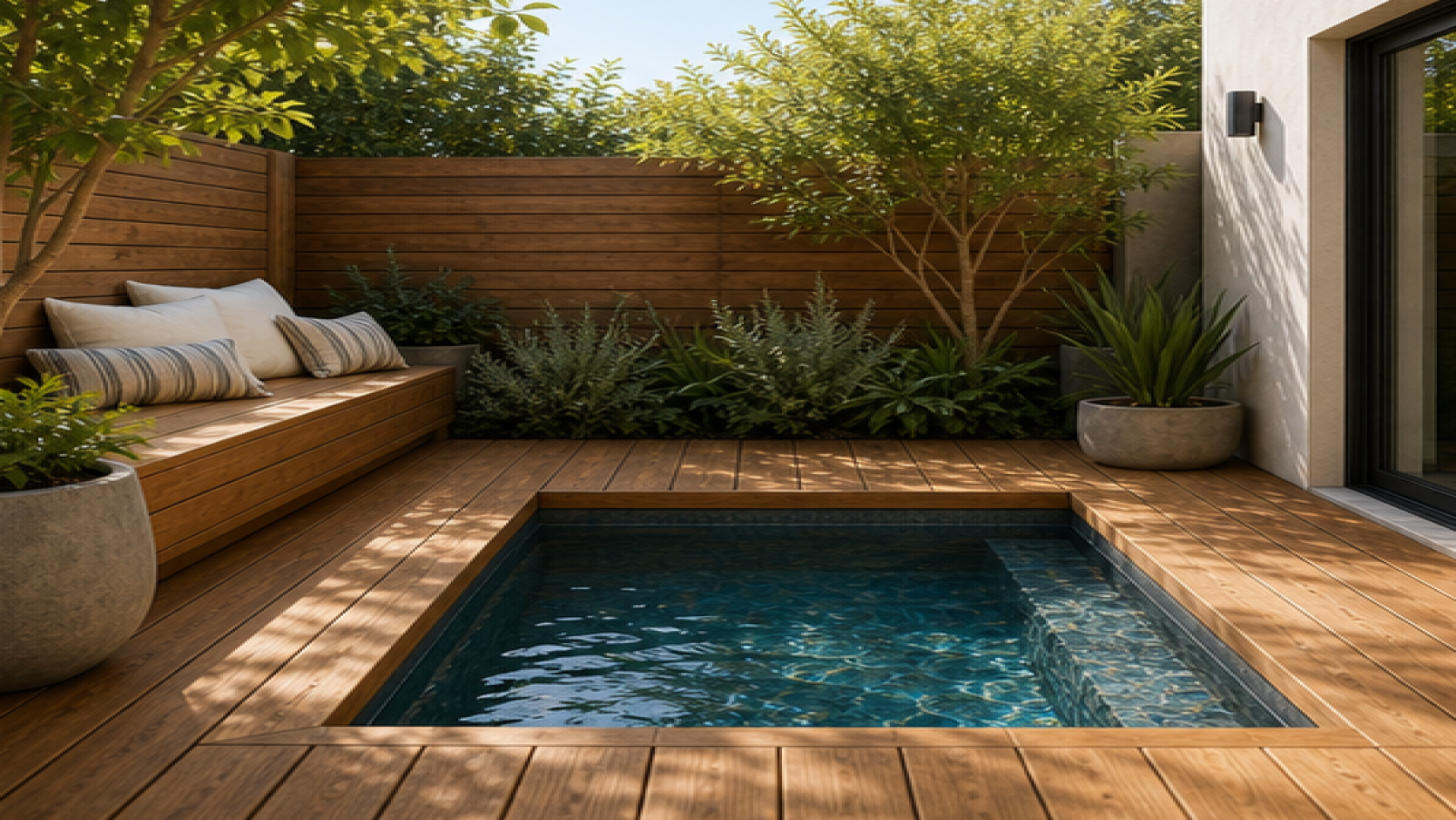 Plunge Pool Ideas with a natural wood deck look