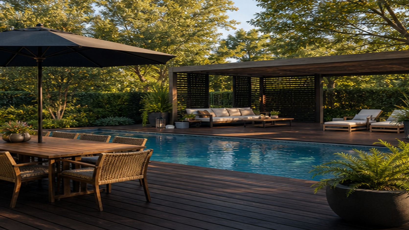 Pool Area Ideas with a dark wood deck look