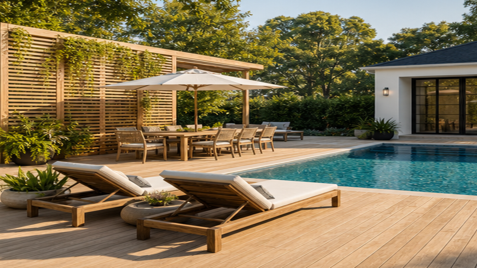 Pool Area Ideas with a natural wood deck look