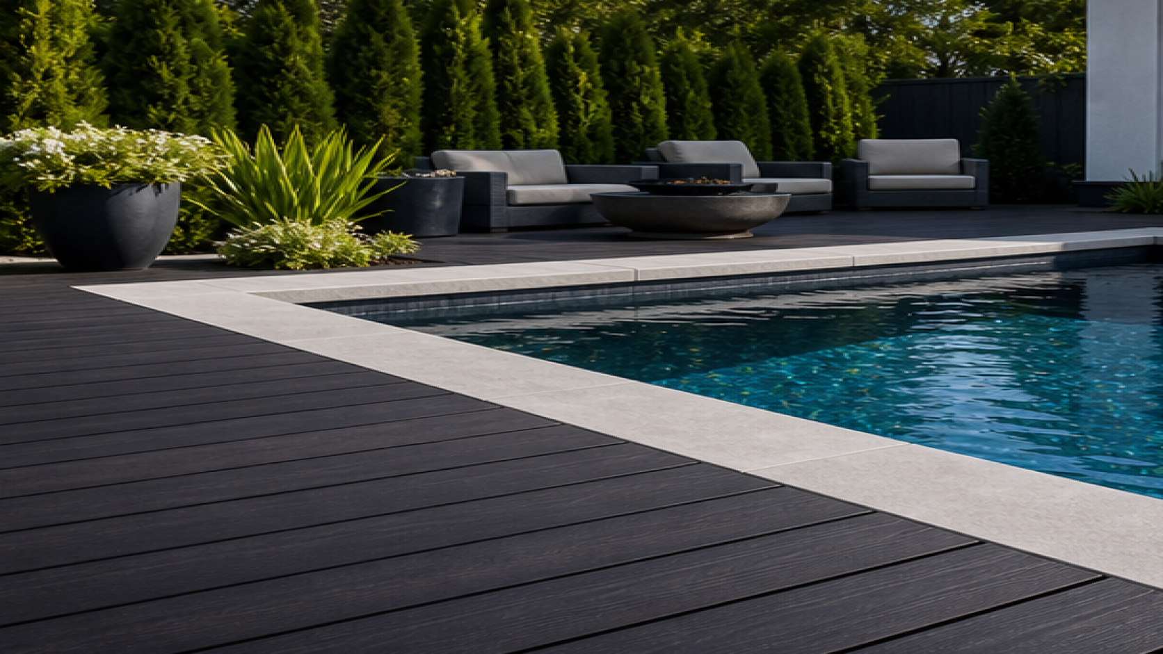 Pool Coping Ideas with a dark wood deck look