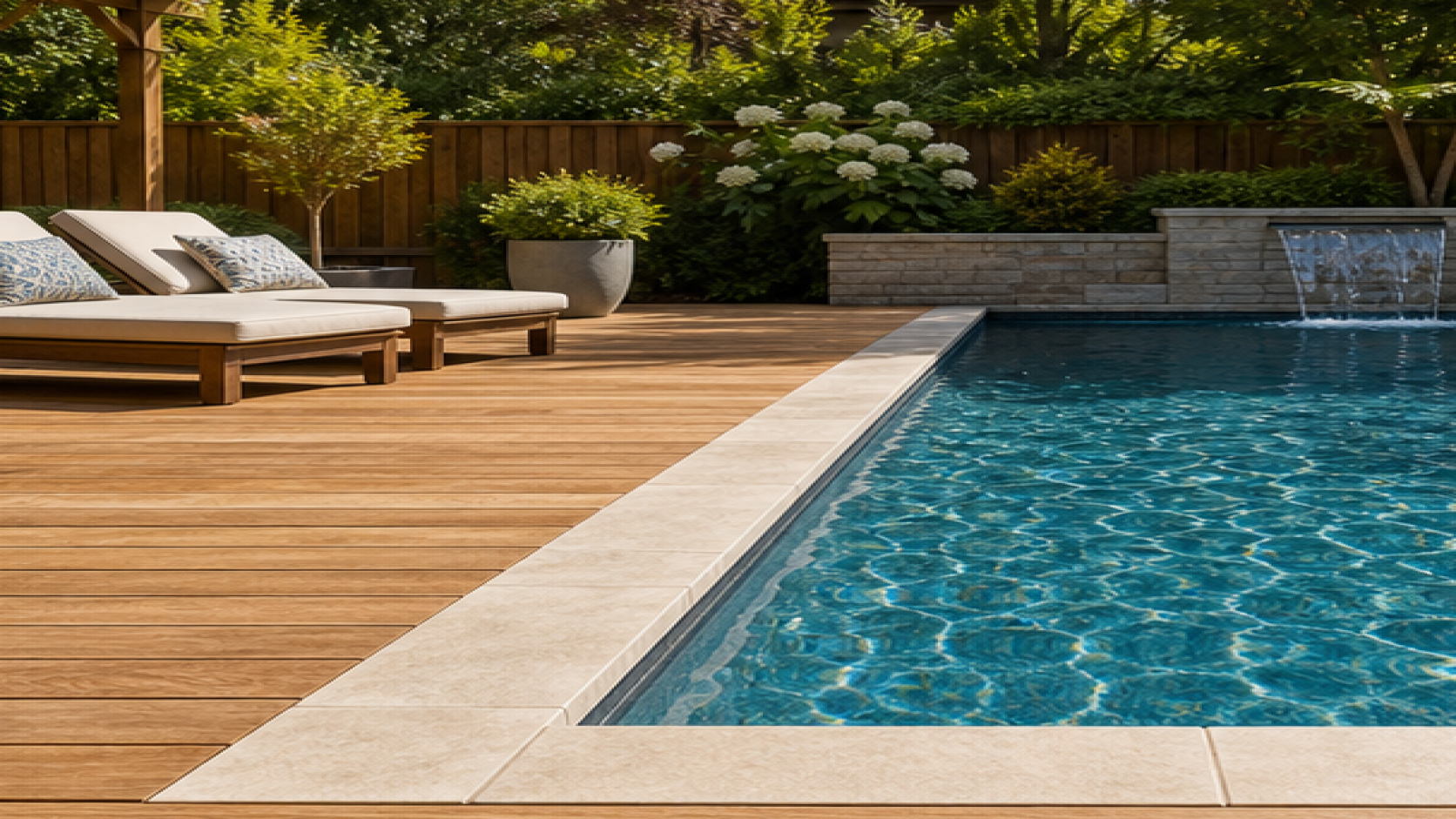 Pool Coping Ideas with a natural wood deck look