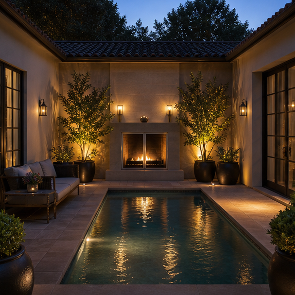 Pool Courtyard Ideas soft evening glow