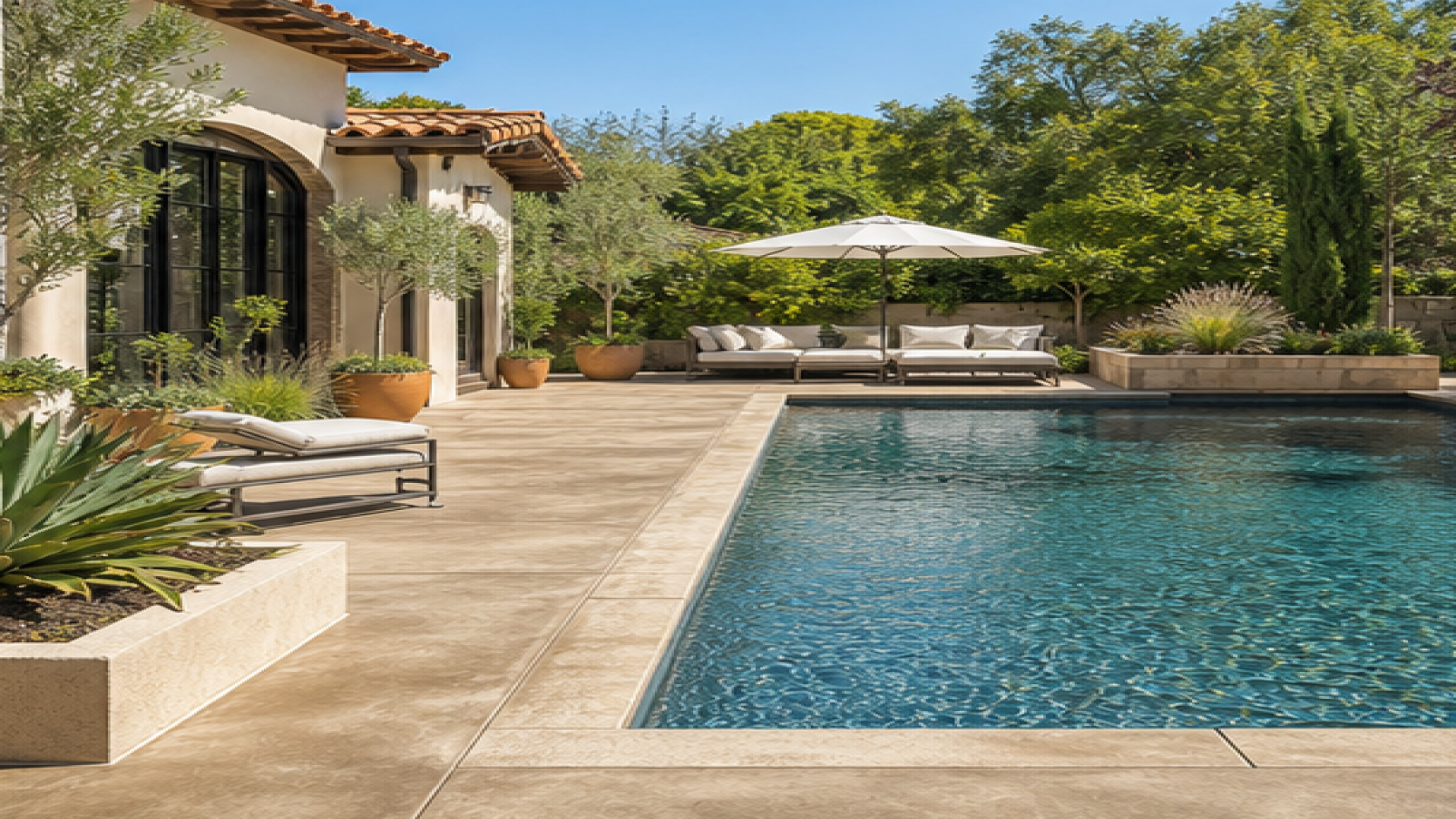 Pool Deck Ideas with a treated concrete deck look