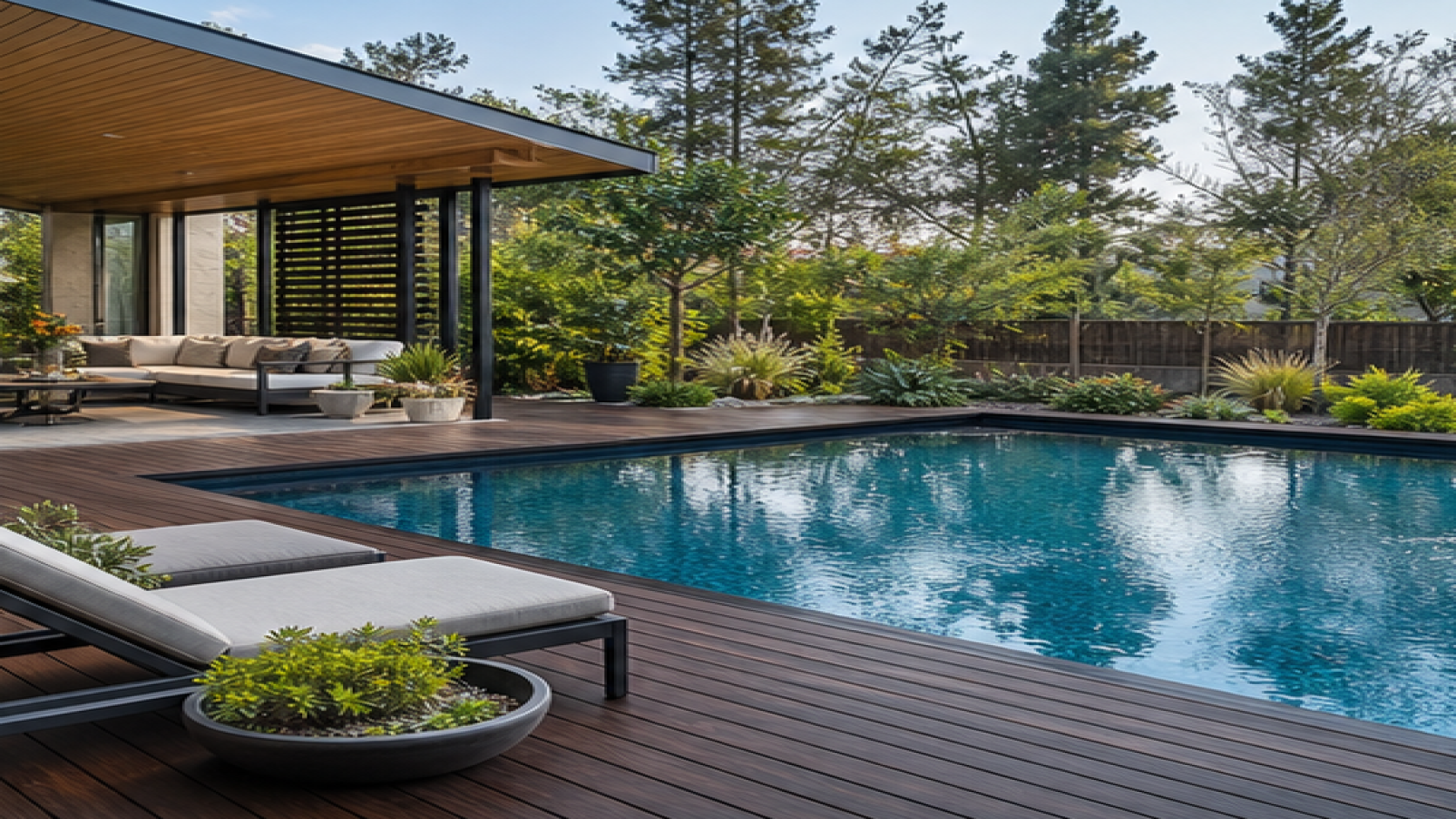 Pool Deck Ideas with a dark wood deck look