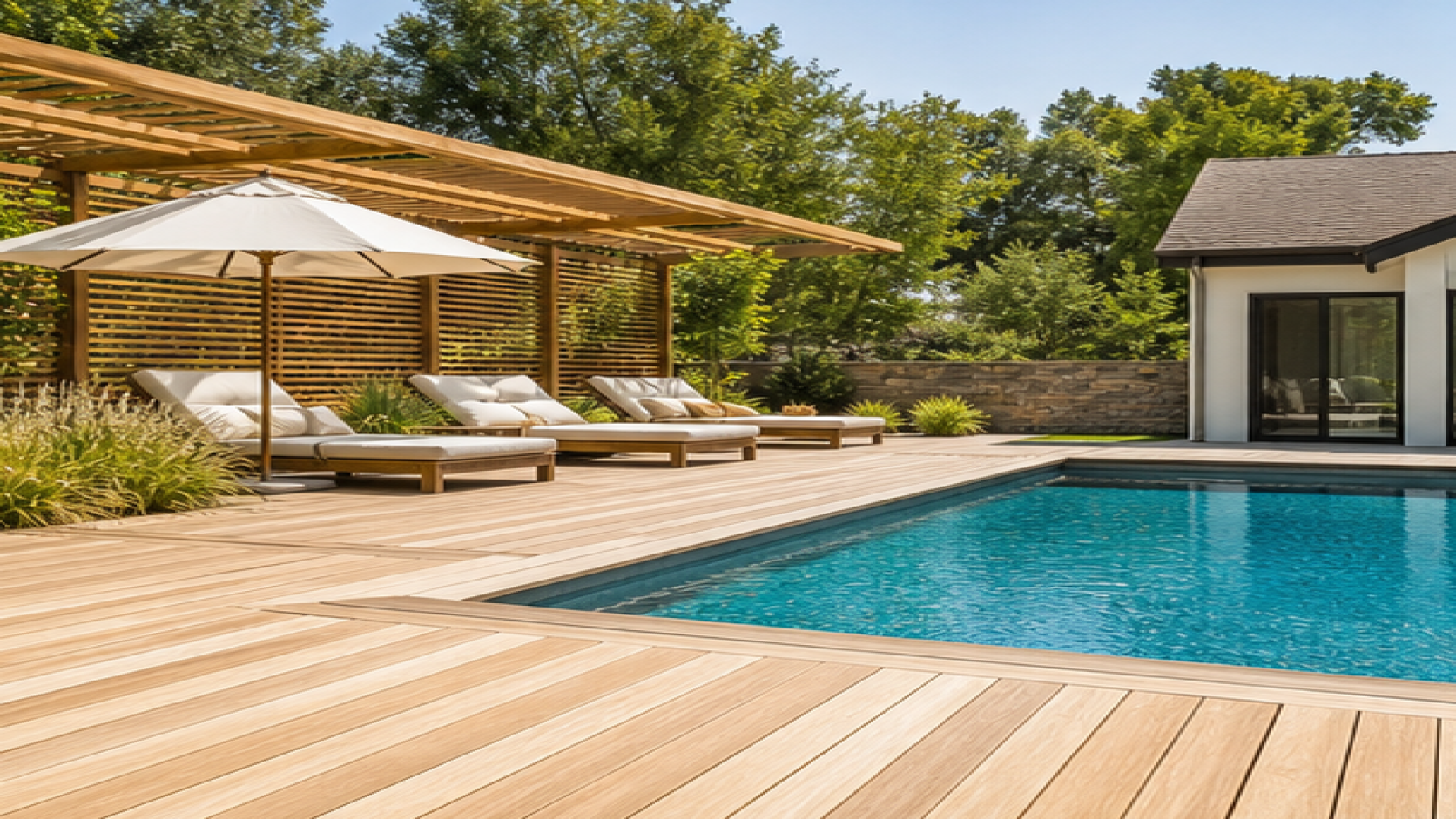 Pool Deck Ideas with a natural wood deck look