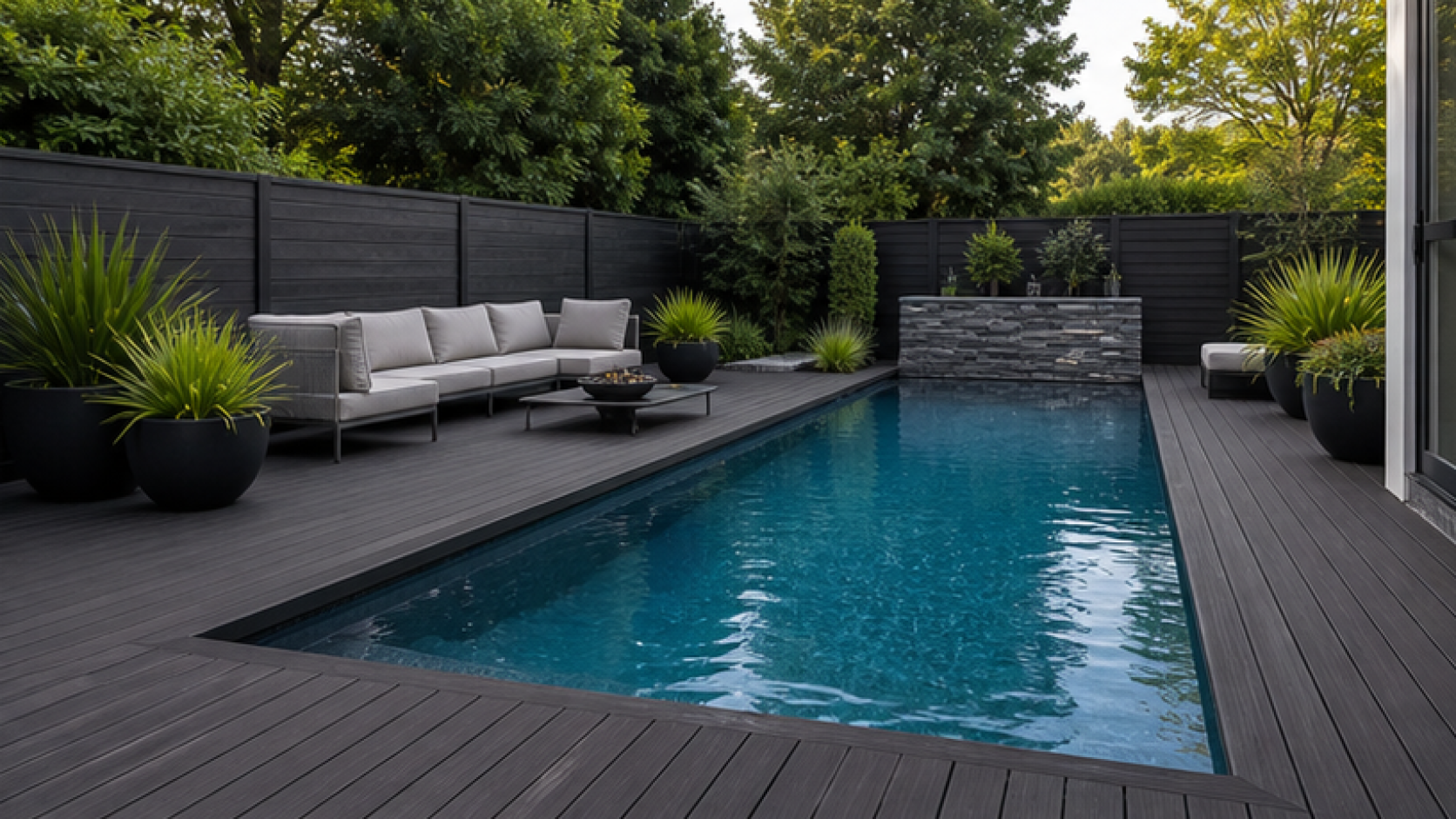 Pool Design App with a dark wood deck look