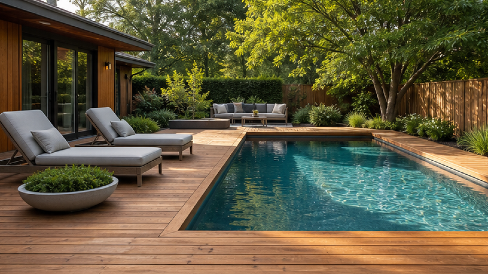 Pool Design App with a natural wood deck look