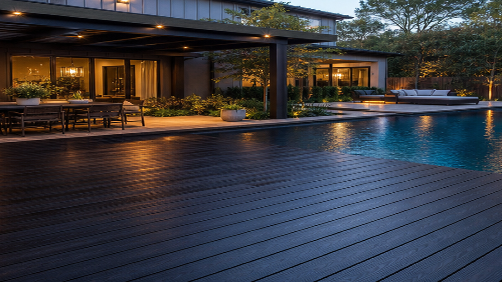 Pool Design Ideas with a dark wood deck look