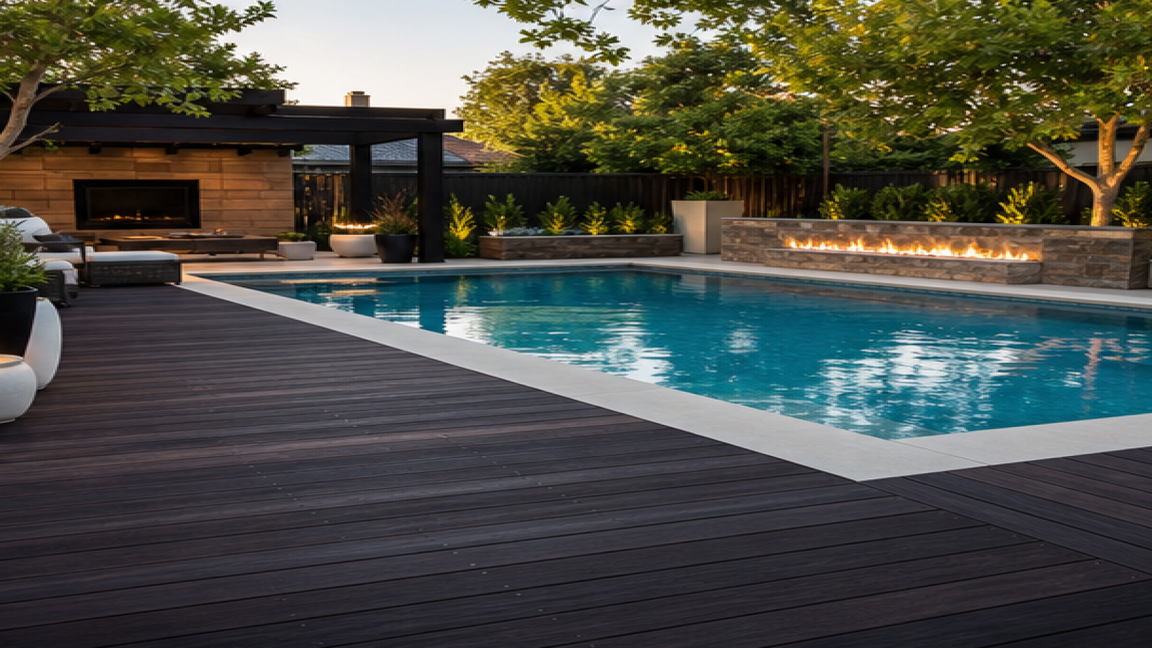 Pool Design Ideas with a dark wood deck look