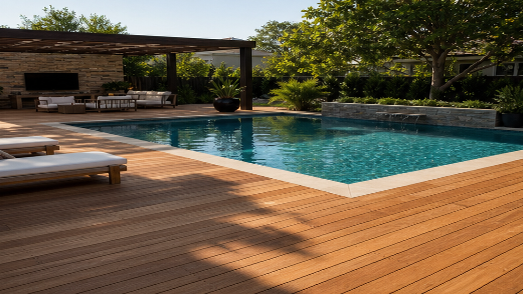 Pool Design Ideas with a natural wood deck look