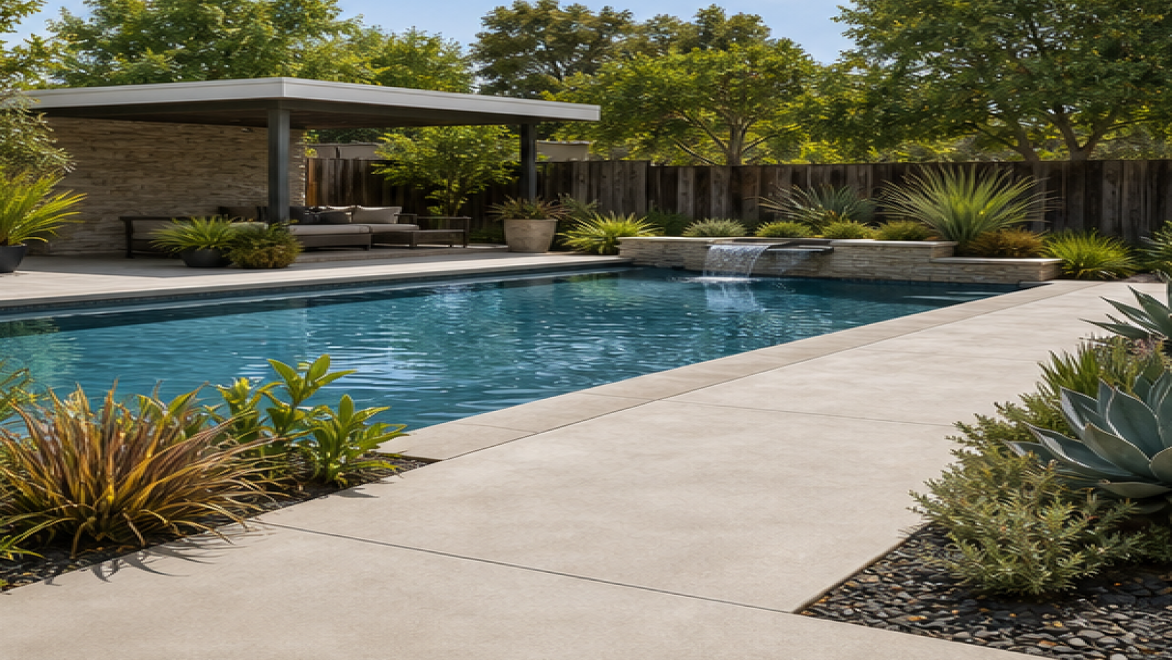 Pool Landscaping Ideas with a natural concrete deck look