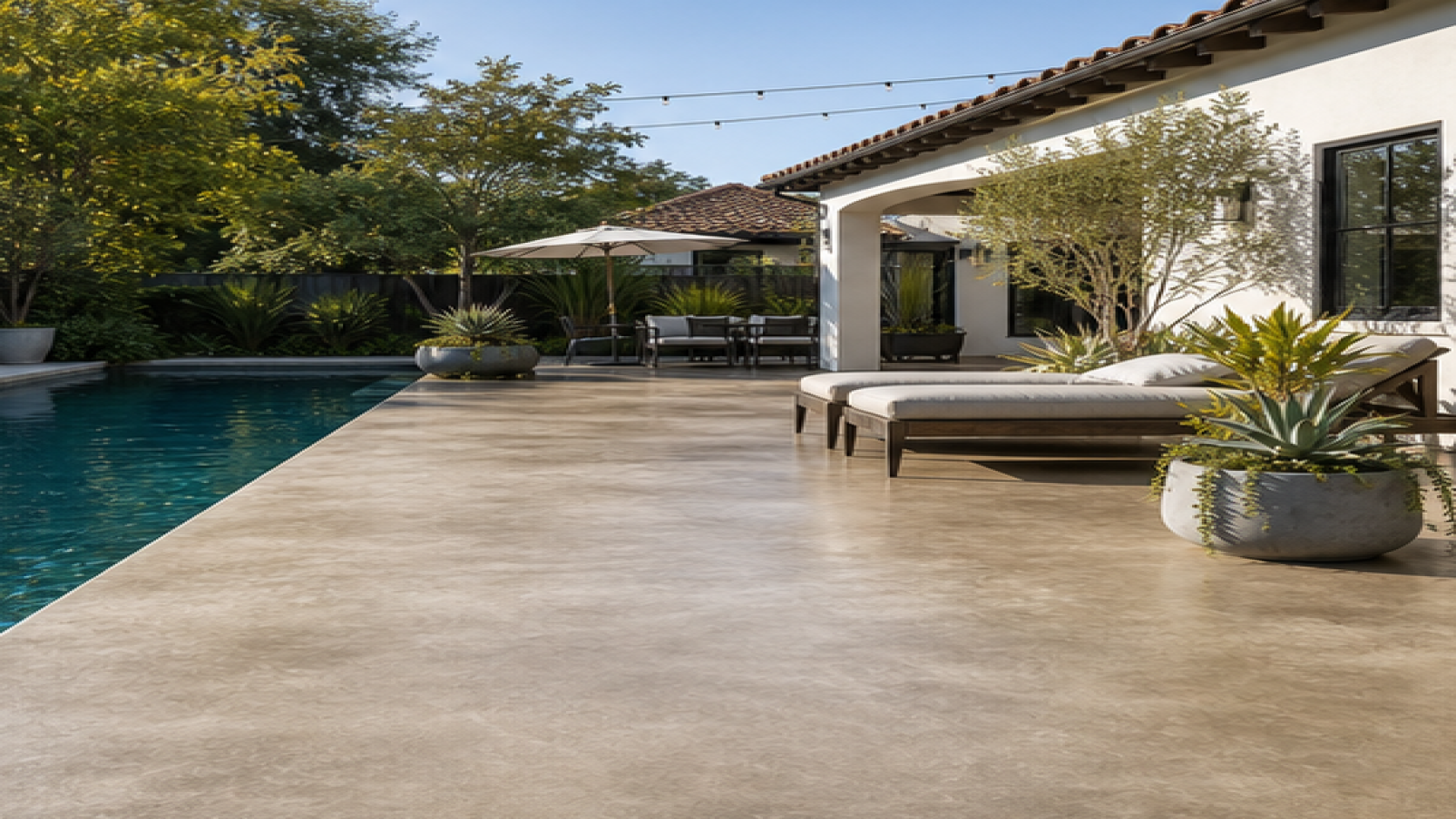 Pool Landscaping Ideas with a treated concrete deck look