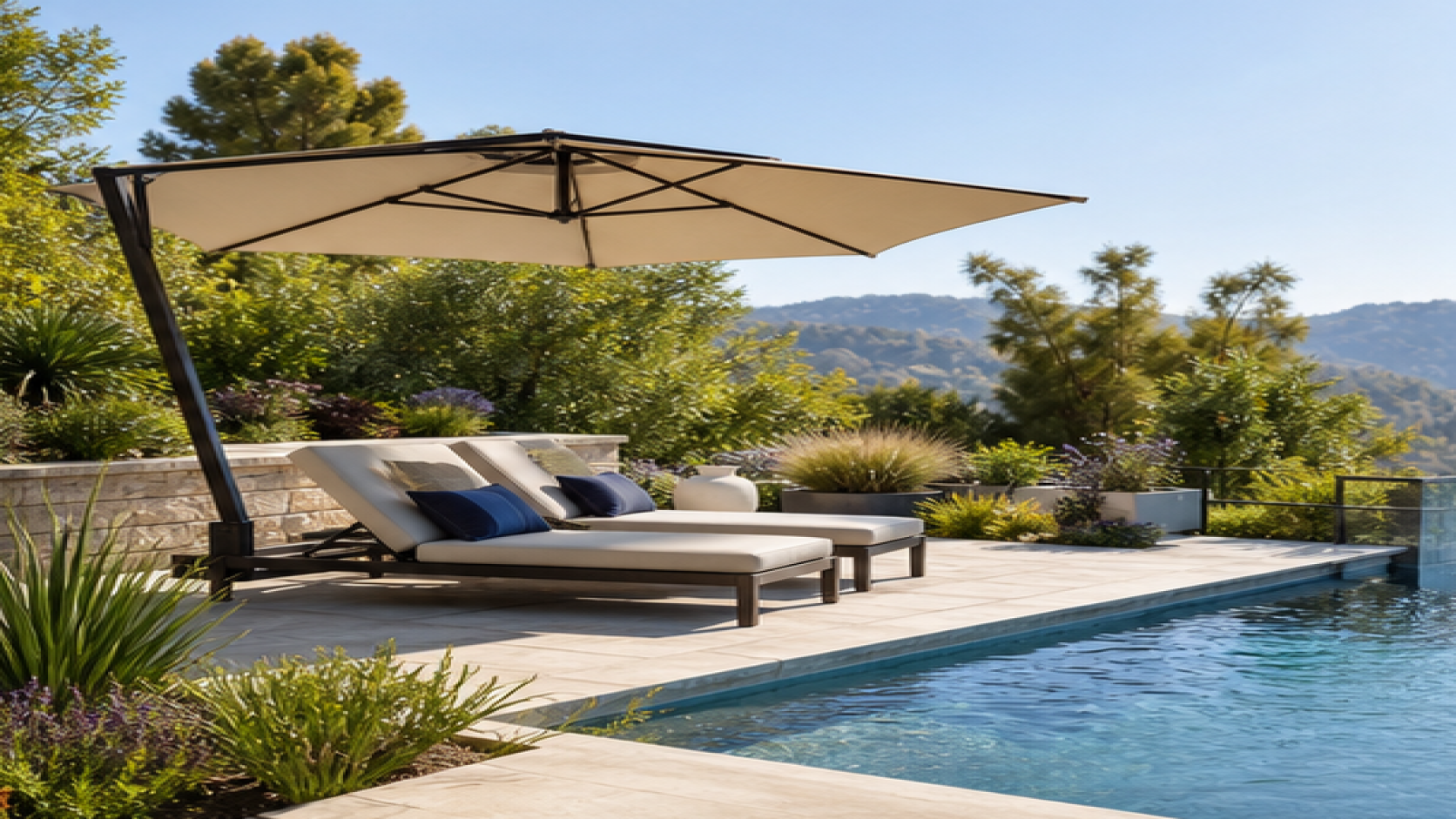 Pool Landscaping Ideas with a shade umbrella
