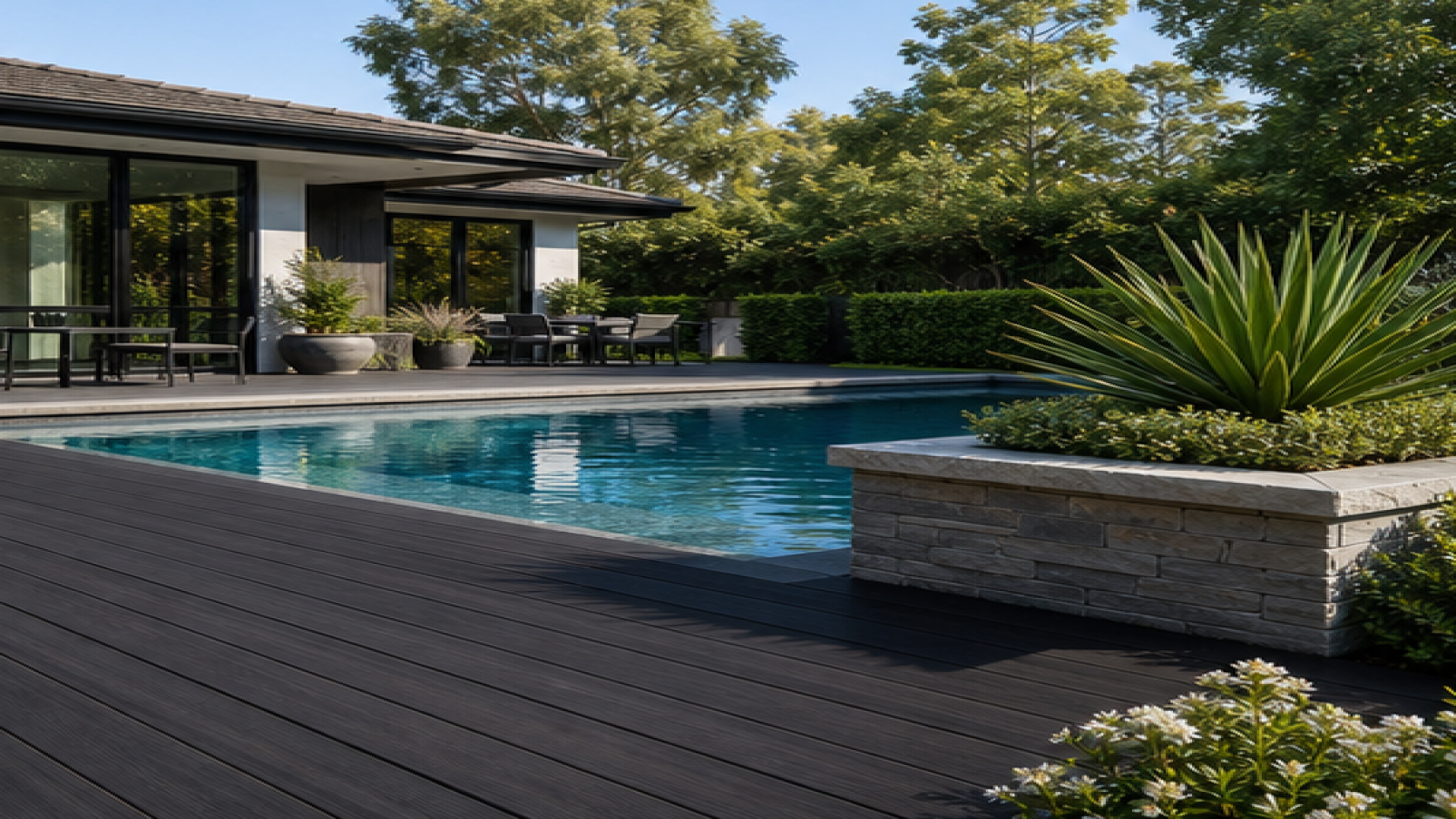 Pool Landscaping Ideas with a dark wood deck look