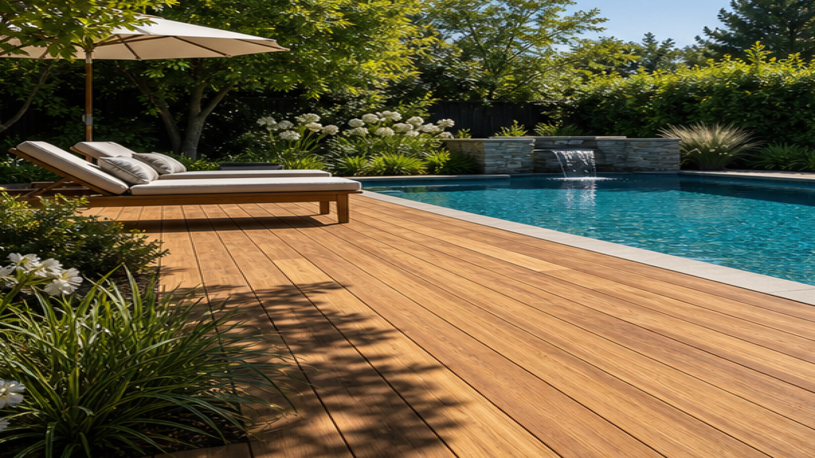 Pool Landscaping Ideas with a natural wood deck look