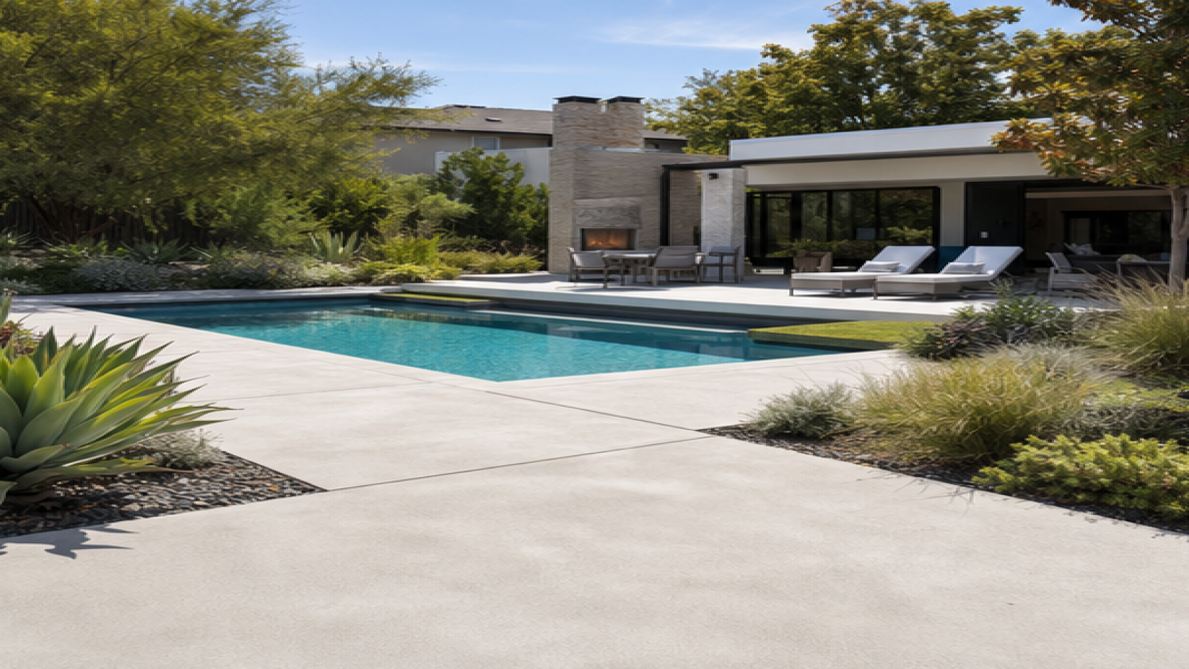Pool Landscaping Ideas with a natural concrete deck look