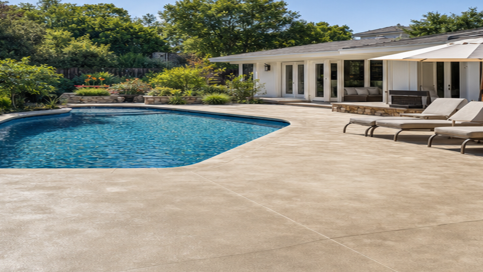 Pool Landscaping Ideas with a treated concrete deck look