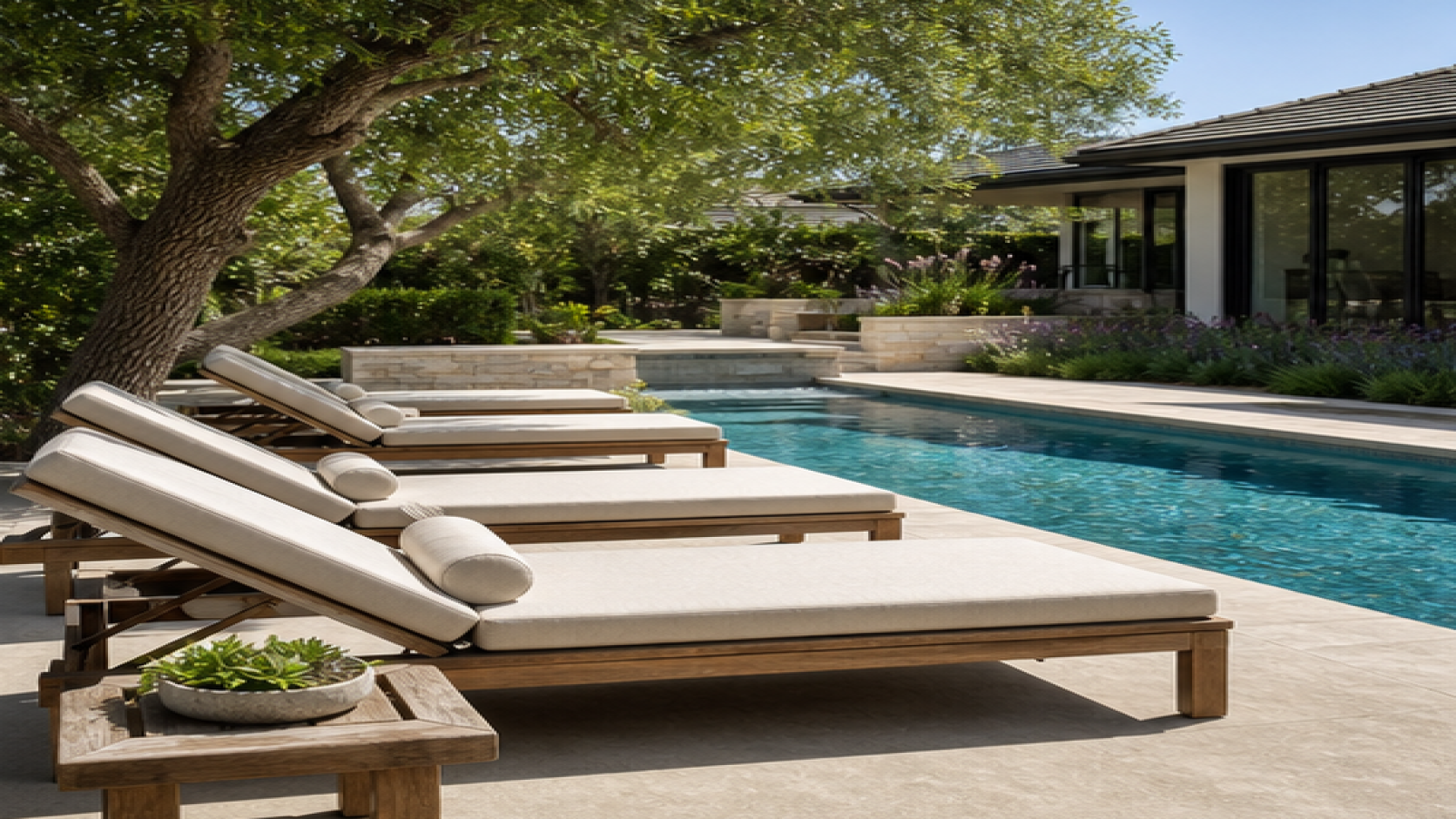 Pool Landscaping Ideas with lounge chairs
